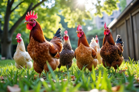 Group of colorful chickens walking on grass in sunlit garden. That the image is generated using AI.の素材