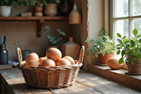 Basket of fresh brown eggs on rustic wooden table by sunlit window. That the image is generated using AI.の素材