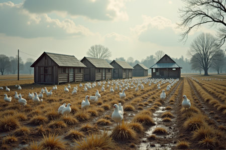 Rural farm landscape with flock of geese and wooden huts under overcast sky. That the image is generated using AI.の素材