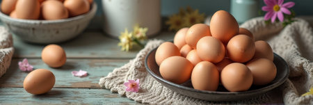 Fresh brown eggs in rustic kitchen setting with spring blossoms. That the image is generated using AI.の素材