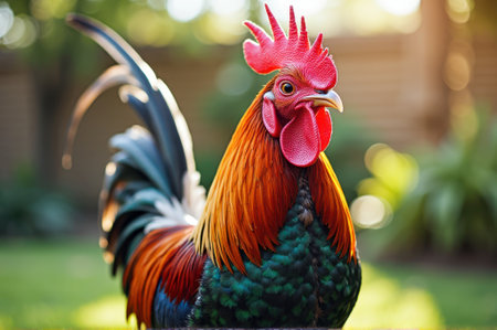 Vibrant rooster in sunlit garden with colorful plumage and bright red comb. That the image is generated using AI.の素材