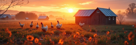 Sunrise over rural farm with chickens and barns amidst wildflowers. That the image is generated using AI.の素材