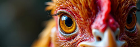 Close-up of a chicken's face with intense eyes and detailed feathers. That the image is generated using AI.の素材