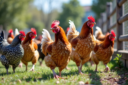 Vibrant flock of chickens roaming freely on a sunny farm day. That the image is generated using AI.の素材