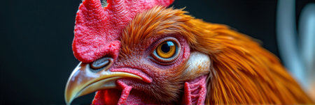 Close-up of vibrant rooster staring intently with detailed feathers. That the image is generated using AI.の素材