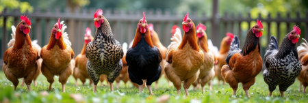 Colorful hen flock grazing in sunlit garden with vibrant feathers and bright red combs. That the image is generated using AI.の素材