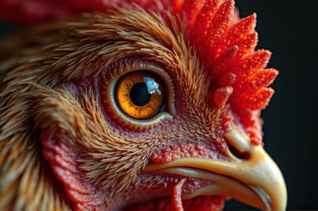 Vibrant close-up of a rooster's eye with detailed plumage and comb. That the image is generated using AI.の素材