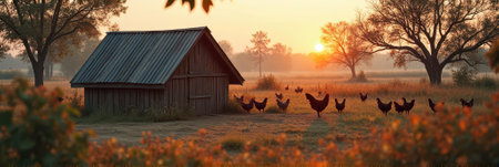 Rustic sunrise farm scene with chickens and wooden barn. That the image is generated using AI.の素材