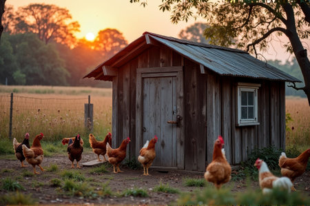Sunset over rustic chicken coop in countryside farm setting. That the image is generated using AI.の素材