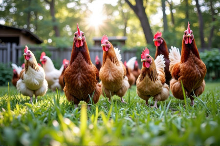 Flock of chickens roaming freely in sunlit backyard garden. That the image is generated using AI.の素材