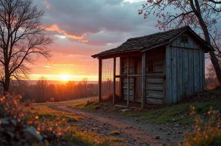 Rustic wooden shed in tranquil countryside at sunset. That the image is generated using AI.の素材