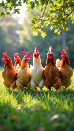 Group of colorful chickens in sunlit meadow. That the image is generated using AI.の素材