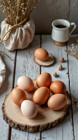Rustic kitchen scene with farm fresh eggs on wooden board and coffee mug. That the image is generated using AI.の素材