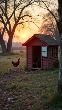 Chickens roaming near rustic coop at sunrise in serene countryside setting. That the image is generated using AI.の素材