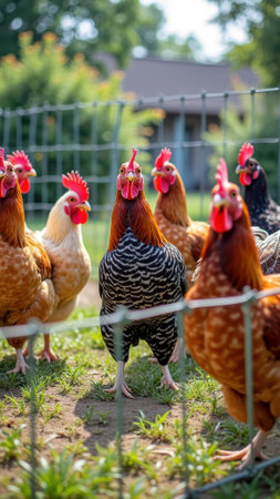 Vibrant group of chickens roaming in a sunny enclosure. That the image is generated using AI.の素材
