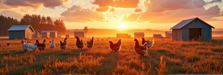 Sunrise on farm with chickens roaming in golden field. That the image is generated using AI.の素材