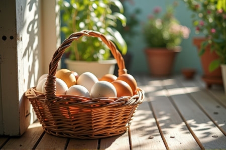 Sunny morning: basket of farm fresh eggs on rustic patio with greenery. That the image is generated using AI.の素材
