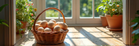 Basket of fresh eggs in sunlit room with potted plants. That the image is generated using AI.の素材