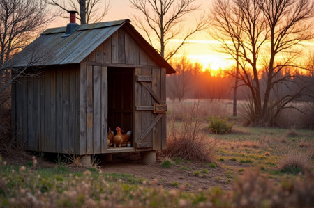 Rustic wooden chicken coop at sunrise in tranquil rural landscape. That the image is generated using AI.の素材