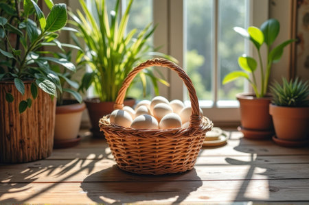 Basket of eggs in sunlit room with lush indoor plants. That the image is generated using AI.の素材