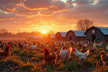Idyllic farm sunset with free-range chickens roaming pastures and barns in rural countryside. That the image is generated using AI.の素材