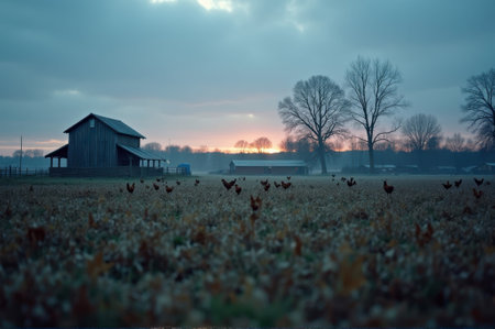 Peaceful rural sunrise with chickens roaming near rustic barn. That the image is generated using AI.の素材