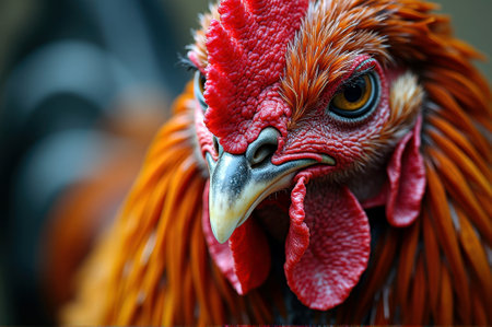 Close-up portrait of a colorful rooster with intense gaze and detailed plumage. That the image is generated using AI.の素材
