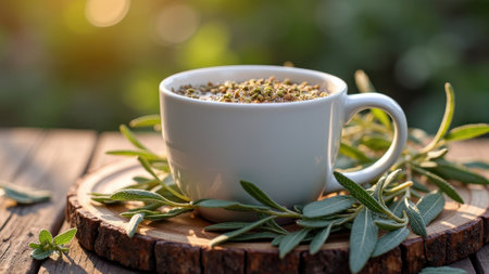 Herbal tea in white mug surrounded by fresh sage on wooden surface in sunlit garden. That the image is generated using AI.の素材