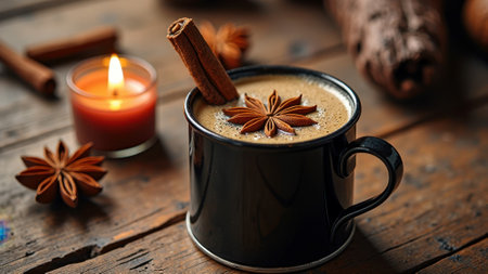Cozy cinnamon and star anise coffee with candle on rustic wooden table. That the image is generated using AI.の素材