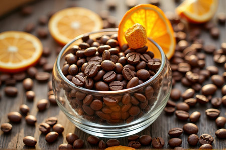 Coffee beans in glass bowl with orange slices on wooden table. That the image is generated using AI.の素材