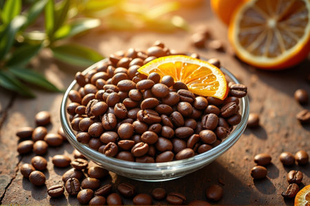 Coffee beans with fresh orange slices on rustic wooden table. That the image is generated using AI.の素材