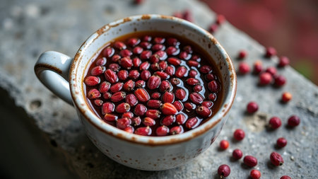 Rustic ceramic cup filled with soaked barberries on weathered surface. That the image is generated using AI.の素材
