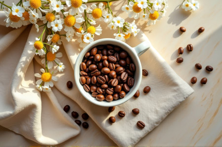 Cup of coffee beans surrounded by chamomile flowers on a sunlit table. That the image is generated using AI.の素材