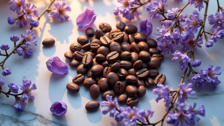 Coffee beans and purple flowers on marble surface in sunlight. That the image is generated using AI.の素材