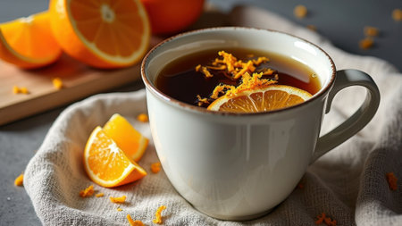 Warm citrus tea with orange slices and fresh zest on a cozy table setting. That the image is generated using AI.の素材