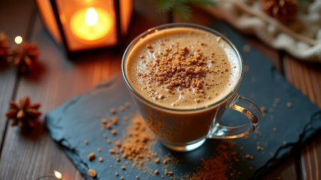 Cozy glass mug of spiced hot cocoa with cinnamon on slate plate. That the image is generated using AI.の素材