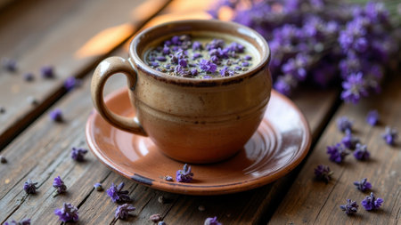 Rustic ceramic mug of lavender coffee on wooden table with fresh flowers. That the image is generated using AI.の素材
