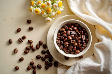 Coffee beans in white bowl with chamomile flowers on light fabric background. That the image is generated using AI.の素材