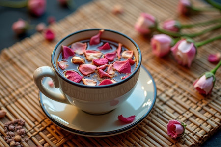 Elegant rose petal tea in white cup on bamboo mat with pink flowers. That the image is generated using AI.の素材