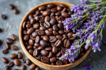 Aromatic coffee beans in wooden bowl with fresh lavender on rustic surface. That the image is generated using AI.の素材