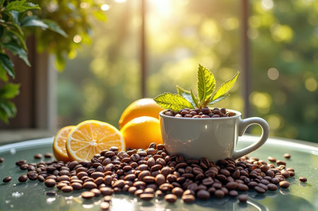 Sunlit coffee cup with fresh citrus, leaves, and beans on glass table. That the image is generated using AI.の素材