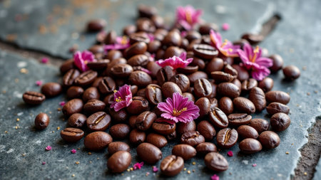 Coffee beans adorned with pink flowers on rustic stone surface. That the image is generated using AI.の素材