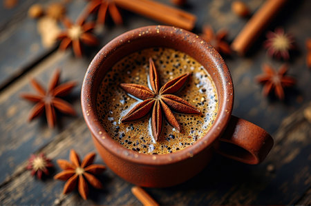 Spiced coffee in rustic mug with star anise and cinnamon on wood surface. That the image is generated using AI.の素材