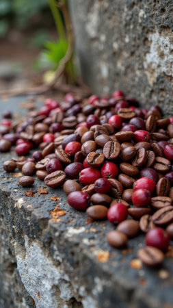 Red and brown coffee beans on rustic stone surface. That the image is generated using AI.の素材