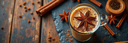 Spiced chai latte with cinnamon and star anise on rustic wooden table. That the image is generated using AI.の素材