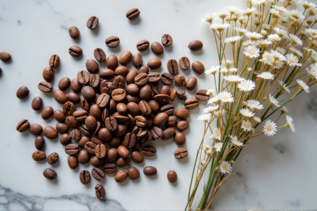 Roasted coffee beans and white daisies on marble surface. That the image is generated using AI.の素材