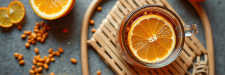 Refreshing citrus tea with sea buckthorn and orange slice on bamboo mat. That the image is generated using AI.の素材