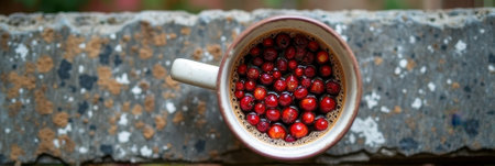 Overhead view of mug filled with coffee and fresh cranberries on rustic surface. That the image is generated using AI.の素材