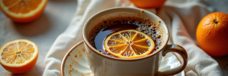 Cozy cup of coffee with sliced lemon on elegant white saucer. That the image is generated using AI.の素材