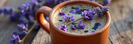 Lavender coffee in rustic cup on wooden table outdoors morning. That the image is generated using AI.の素材